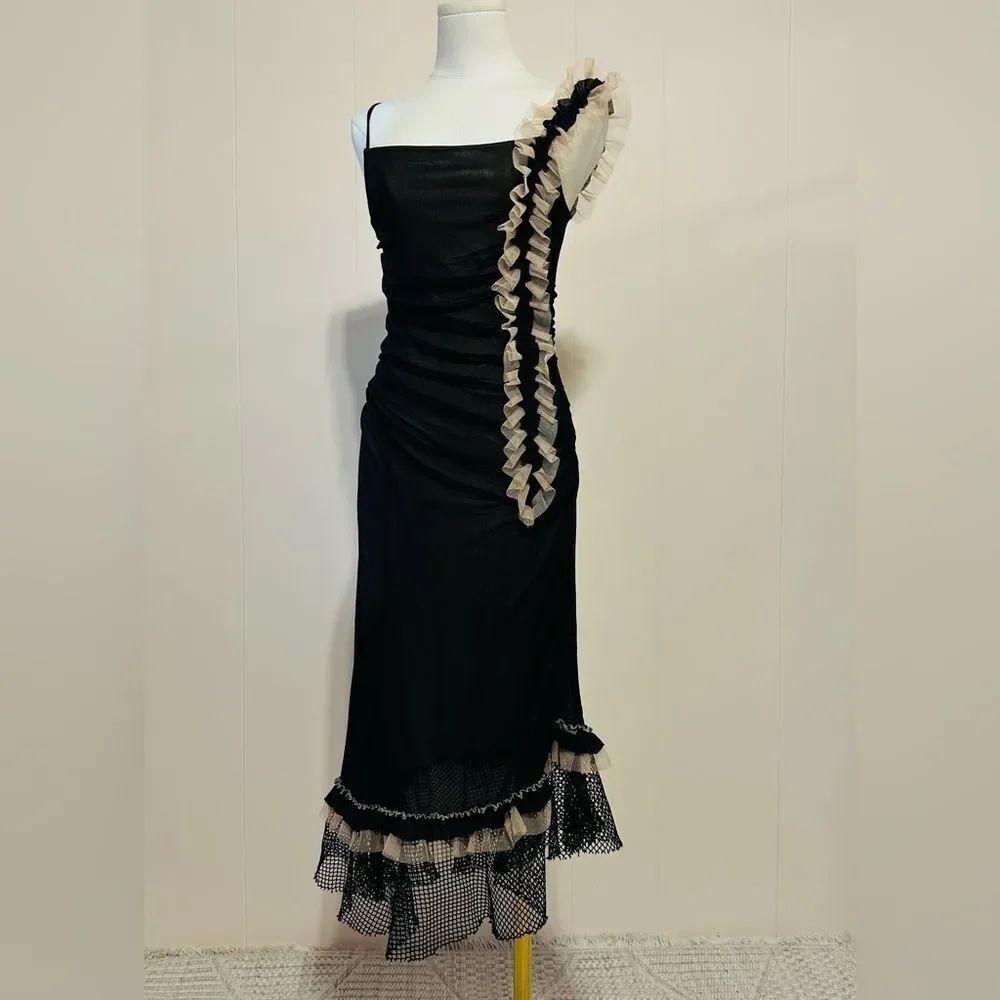 Vintage Lapis black ruched midi dress with ruffle and mesh trim details size M